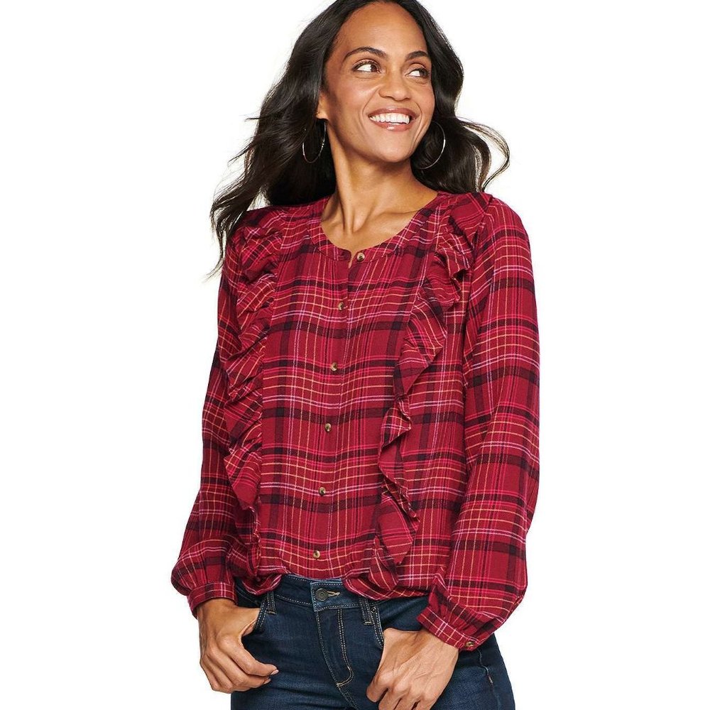 NWOT Sonoma Petite Plaid Flannel Long Sleeve Ruffle Shirt PXXL